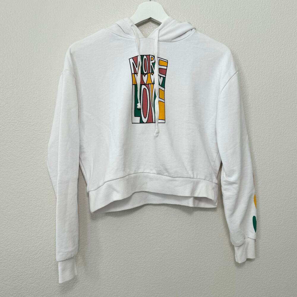 Mighty Fine Women White More Love Heart Hoodie Crop Pullover Sweater Size Medium
